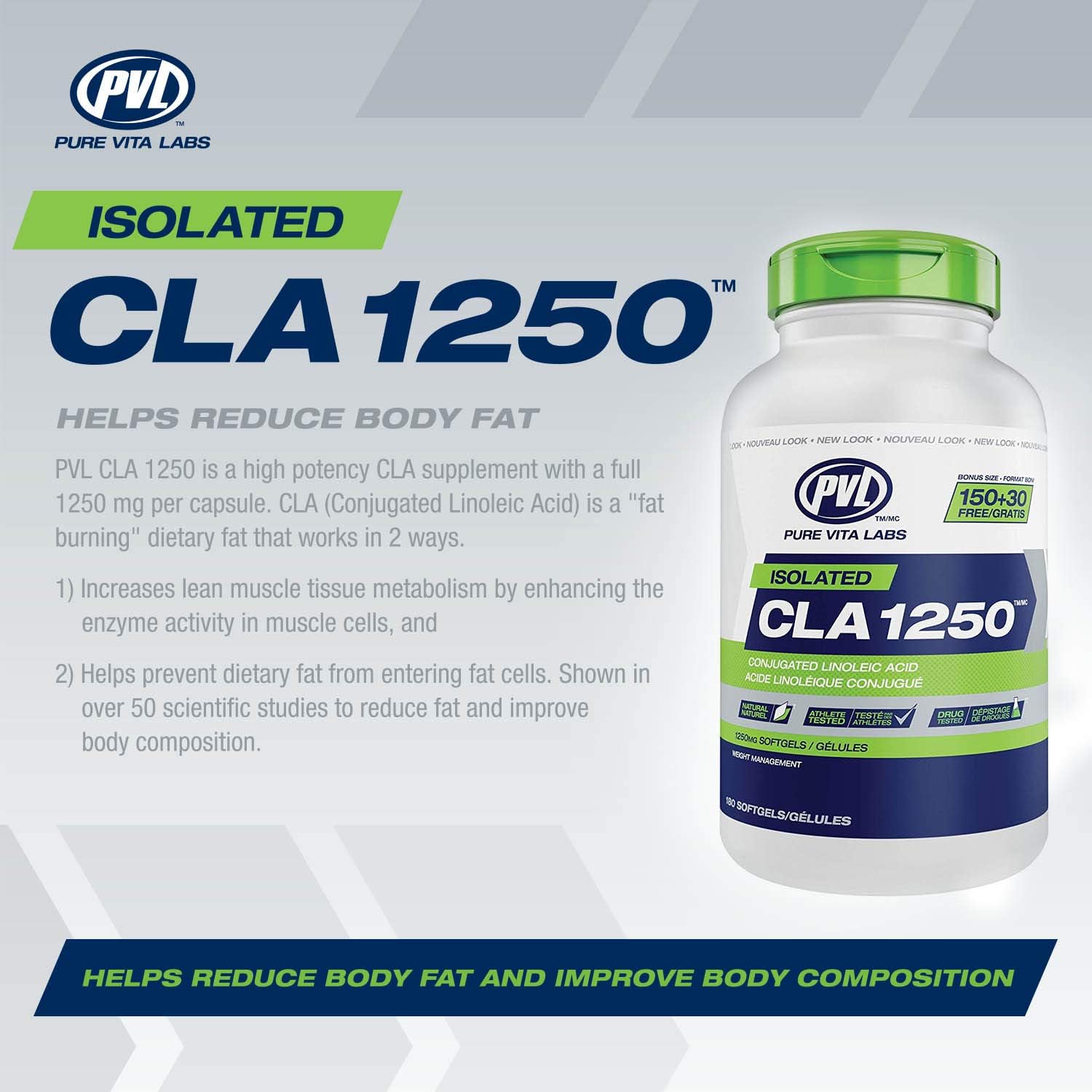 PVL Isolated CLA 1250 - Conjugated Linoleic Acid - 180 Capsules