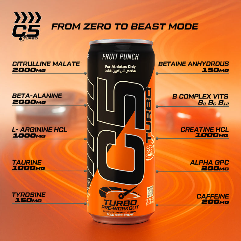 Ultramade C5 Turbo Pre-Workout Drink – 355 ml | 200 mg Caffeine - Fruit Punch