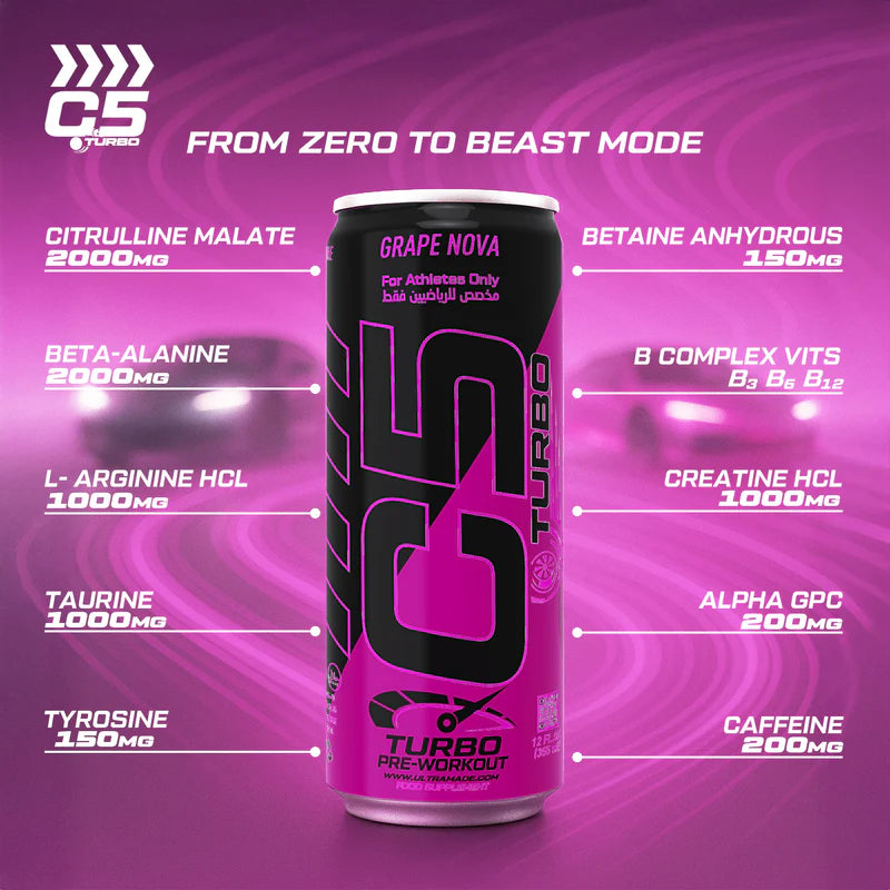 Ultramade C5 Turbo Pre-Workout Drink – 355 ml | 200 mg Caffeine - Grape Nova