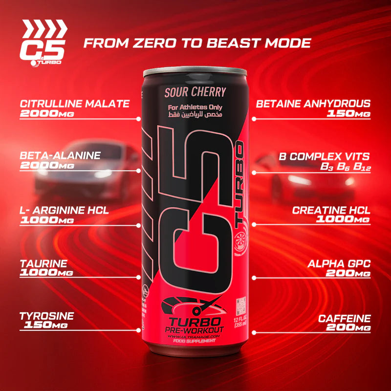 Ultramade C5 Turbo Pre-Workout Drink – 355 ml | 200 mg Caffeine - Sour Cherry