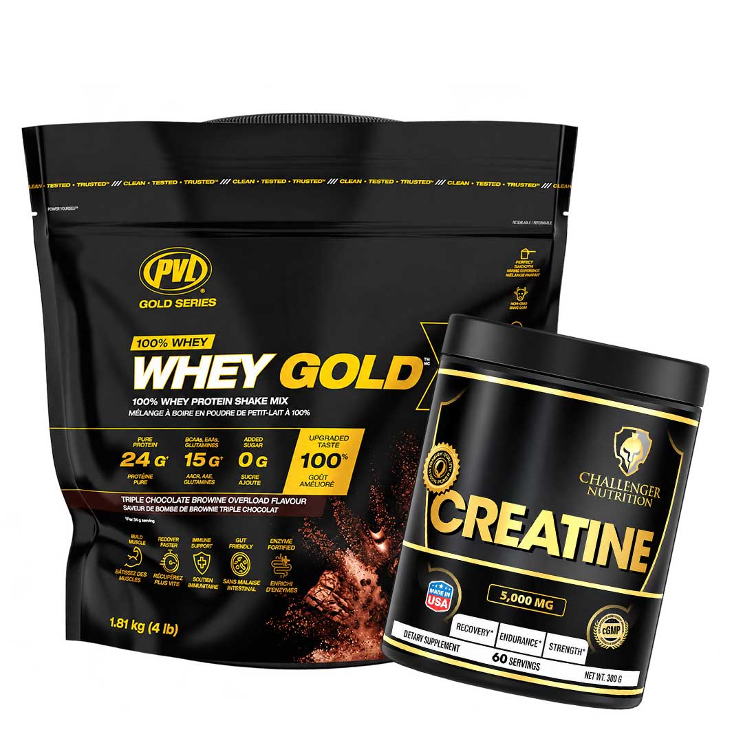 PVL Whey Gold – 100% Whey Protein Shake Mix 1.81 kg (4 lb) & Challenger Nutrition Creatine Powder | 60 Servings