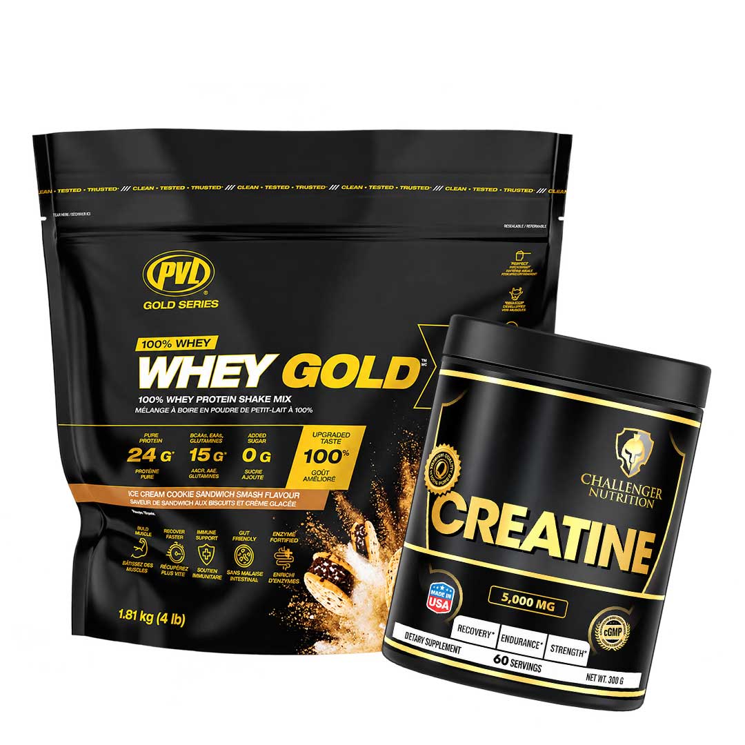 PVL Whey Gold – 100% Whey Protein Shake Mix 1.81 kg (4 lb) & Challenger Nutrition Creatine Powder | 60 Servings