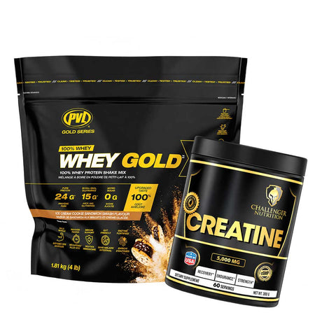 PVL Whey Gold – 100% Whey Protein Shake Mix 1.81 kg (4 lb) & Challenger Nutrition Creatine Powder | 60 Servings