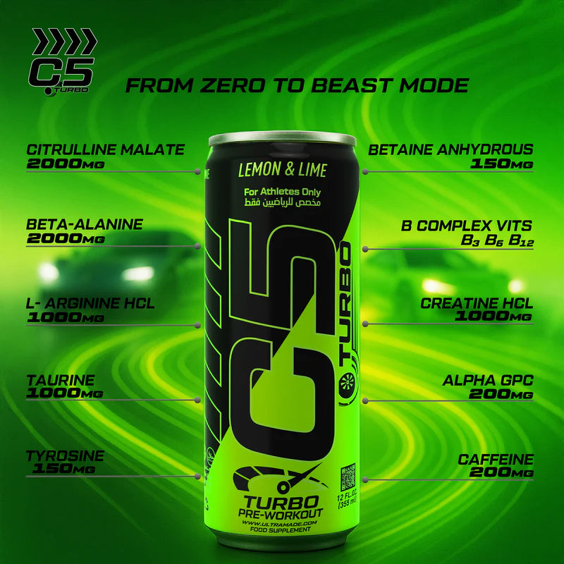 Ultramade C5 Turbo Pre-Workout Drink – 355 ml | 200 mg Caffeine - Lemon & Lime