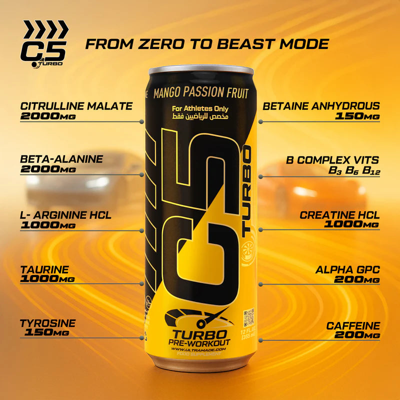 Ultramade C5 Turbo Pre-Workout Drink – 355 ml | 200 mg Caffeine - Mango
