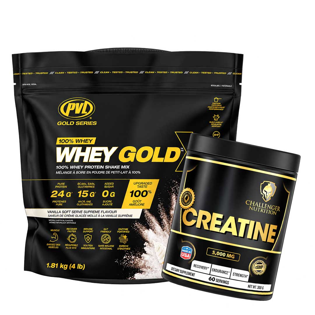 PVL Whey Gold – 100% Whey Protein Shake Mix 1.81 kg (4 lb) & Challenger Nutrition Creatine Powder | 60 Servings